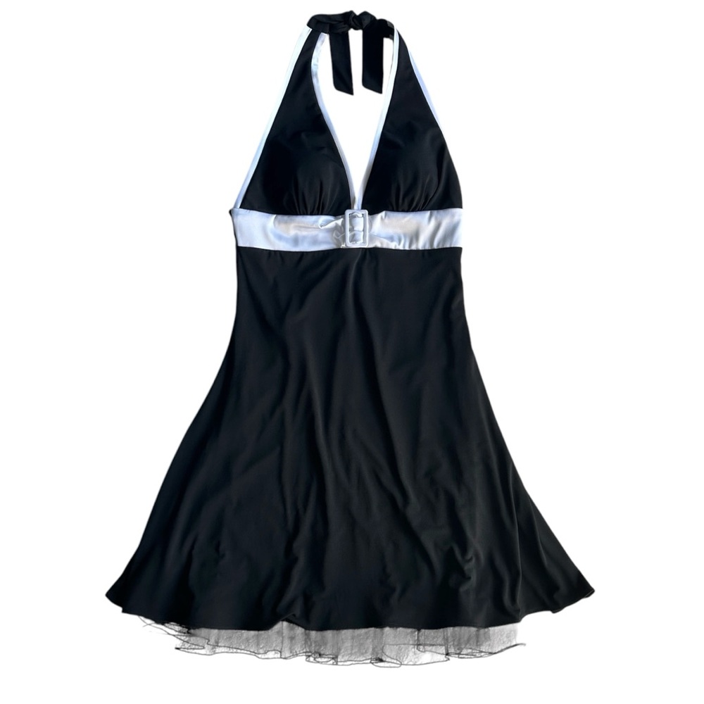 Blondie Nites Black and White Halter Backless Dress